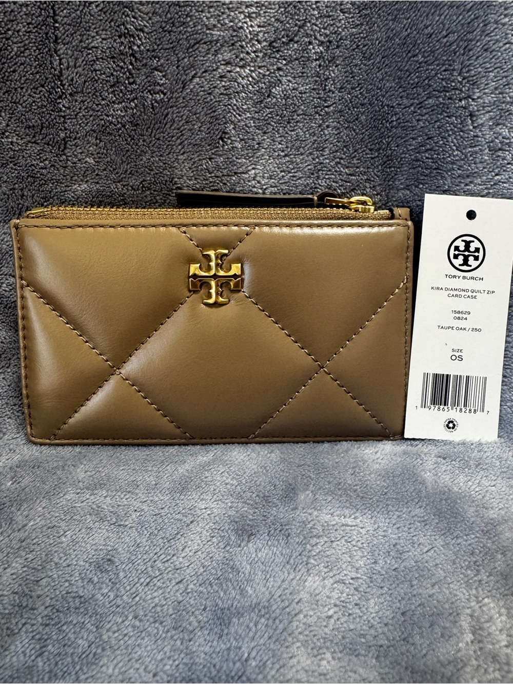 Tory Burch Quilted Taupe Kira Zip Card Case with Gold Logo
